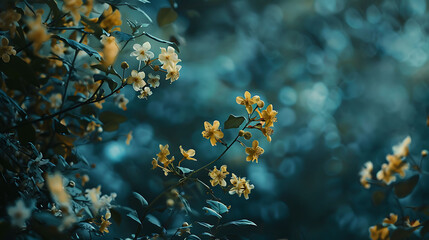 A beautiful image of a branch of delicate white and yellow flowers against a dark blue background.