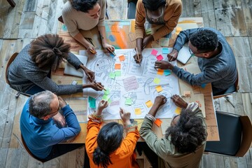 A diverse group of people sitting around a table, actively collaborating on a project