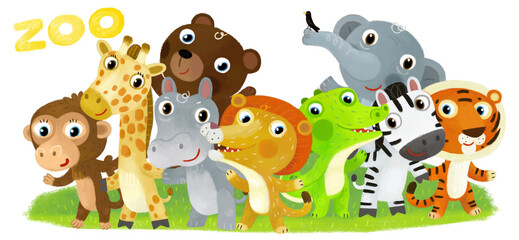 Naklejka premium Cartoon zoo scene with zoo animals friends together in amusement park on white background with space for text illustration for children