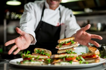 A man in a chefs uniform holds a plate with a sandwich on it