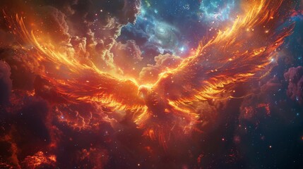 With open wings, a Phoenix is captured in astral projection against the backdrop of an ambient galaxy in a full-body shot.