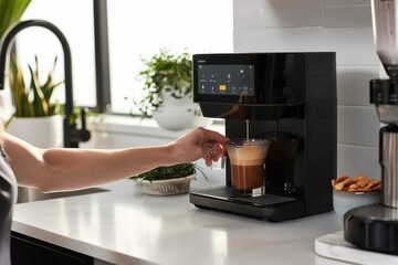 A woman is using a coffee maker to prepare a drink in a dynamic action shot