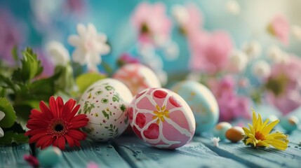 Fototapeta premium Easter eggs adorned with fresh spring flowers arranged on tabletop, vibrant holiday decor concept