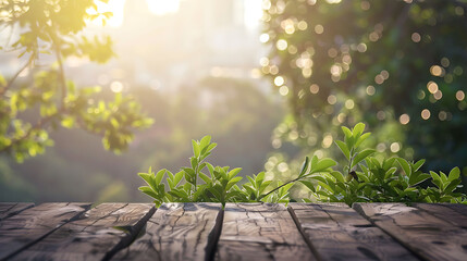 Blurred background with green leaves and bright sunlight. The wooden table is in the foreground. The background is blurred and out of focus. - Powered by Adobe