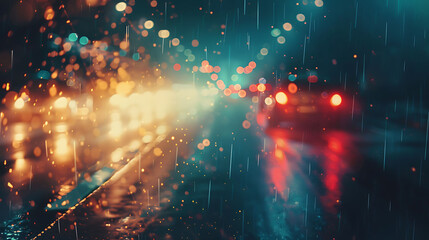 City lights at night through a rainy window with a warm glow.