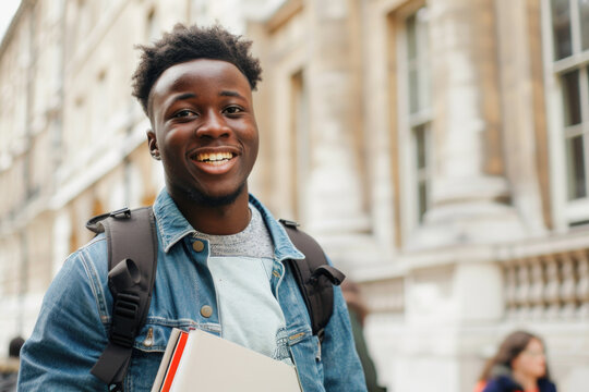 A happy university student holding books and a backpack, smiling at the camera outside what appears to be an academic building, possibly between classes