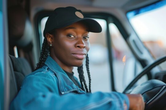An African American female courier driving a delivery van, possibly representing efficient urban logistics or parcel delivery services