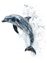 a dolphin mid-leap with a splash of water around it, against a white background. This dynamic image highlights the dolphin's grace and the beauty of marine life