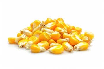 several kernels of corn, also isolated against a white background. Their bright yellow color stands out, which could make this a great image for something related to agriculture, cooking, or nutrition