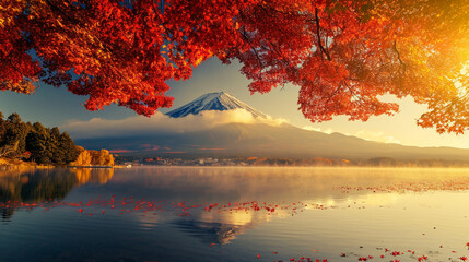 Colorful Autumn Season and Mountain Fuji with morning fog and red leaves at lake. Generative Ai