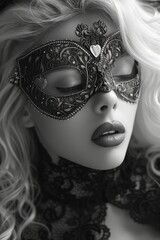 Enigmatic Blonde-Haired Beauty in Elegant Lace and Masquerade Mask, Lying on her Back, Magic and Fantasy in Black and White. 
