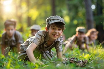 a group of children playing boyscouts in the park, Generative AI