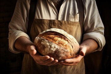a man holding a loaf of bread - obrazy, fototapety, plakaty