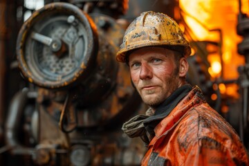 A close-up portrait of a male worker with a hard hat, covered in grime and oil, standing in an industrial setting. - obrazy, fototapety, plakaty