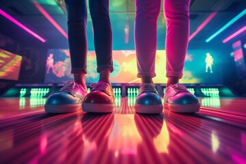 Friends having fun playing bowling with colorful balls and shoes - obrazy, fototapety, plakaty