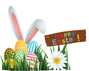 Happy easter creative vector illustration with wooden table and bunny. Grasses and flower background and rabbit ears creative illustration Free Vector. - obrazy, fototapety, plakaty