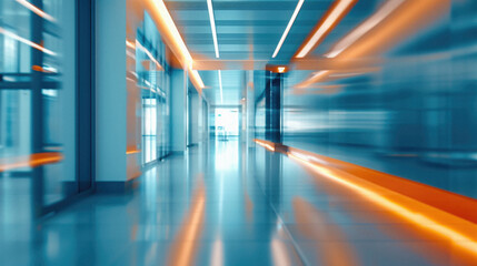Interior of a hospital corridor with orange lights .