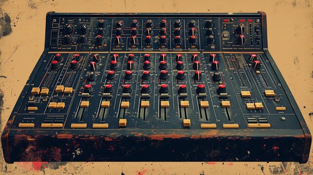 An old audio mixing console with worn surfaces and colorful knobs is presented, evoking a nostalgic feel and highlighting retro music production equipment