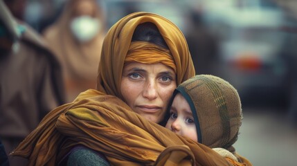 A homeless refugee woman with a child on the street. Migrants. Hunger and poverty. ai - obrazy, fototapety, plakaty