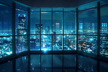 A Panoramic Nighttime View from a High-Rise Building Overlooking a Vibrant Cityscape Illuminated by Countless Lights - obrazy, fototapety, plakaty
