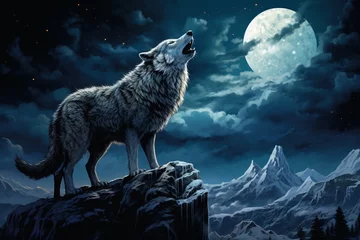 Deurstickers a wolf howling at the moon © Serghei11