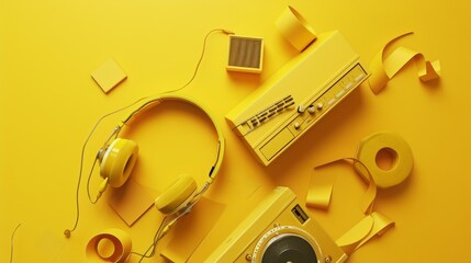 An elegant monochromatic display of vintage music devices, set against a yellow background, epitomizing simplicity and style