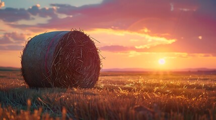 Hay bale rolled in sunset evening - obrazy, fototapety, plakaty