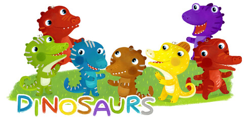 Naklejka premium cartoon scene with dino dinosaurs or dragons friends playing having fun childhood on white background with space for text illustration for children