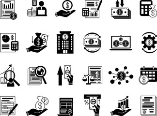 Black Set of Accounting Icons. Vector Icons of Financial Audit, Income, Money Management, Analysis, Credit, Balance Sheet, Deposit, Cash Flow and Others