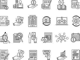 Set of Accounting Icons. Vector Icons of Financial Audit, Income, Money Management, Analysis, Credit, Balance Sheet, Deposit, Cash Flow and Others