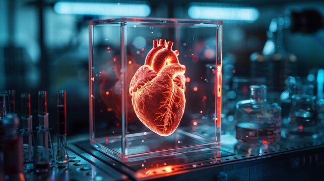 A simulated heart enclosed within a square glass box, pulsating with artificial life, bathed in fluorescent laboratory lighting, high-tech laboratory equipment surrounding it