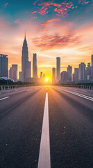 Fototapeta premium Empty asphalt road and modern city skyline in shanghai at sunset