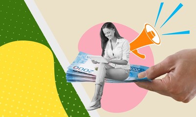 Photo collage of funny investor, phone and money