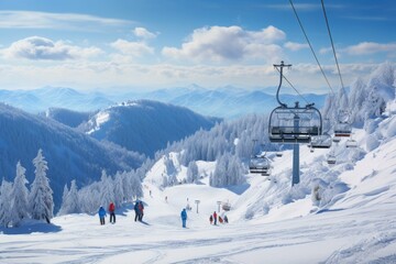 Fototapeta na wymiar Winter mountain ski resort with skiers and snowboarders.