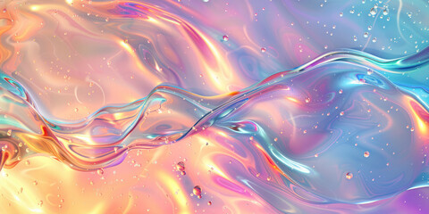 A digitally-created fantasy landscape of smooth, flowing liquid in iridescent hues, adorned with sparkling droplets.