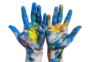 A colorful child's hand covered in paint  describes the image