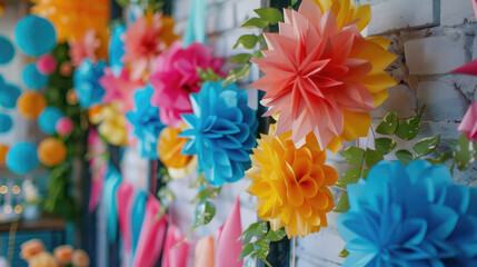 Decorations in the form of colored garlands and paper flowers