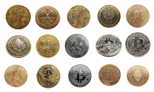 Generic cryptocurrency coins collection isolated on transparent background.