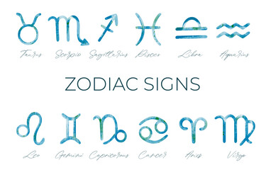 Collection of watercolor astrology signs. Set of hand drawn watercolor brush zodiac signs.