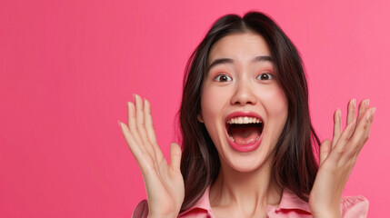 Excited young Asian woman looking at camera with open mouth on pink background