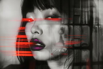 モノクロの日本人女性とネオンの唇のアート写真（アート作品・グラフィック・写真家・ジャケット写真）