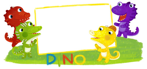 Naklejka premium cartoon scene with dino dinosaurs or dragons friends playing having fun childhood on white background with space for text illustration for children