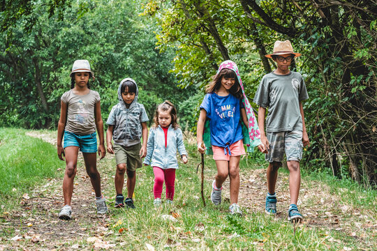 Trailblazing kids on a forest expedition. A diverse group marches on, embracing the joys of childhood and the spirit of summer adventures. Multiethnic group of happy wild kids