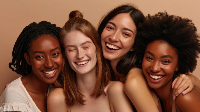 Group of diverse women with different skin types smiling and looking at camera