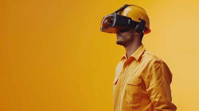 Man in virtual reality headset and hardhat. Technology and innovation in construction concept. Studio profile portrait with an orange background for VR training, safety education, and futuristic desig