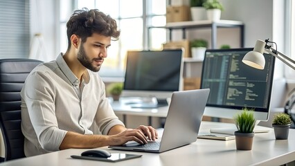 Fototapeta premium Busy Latin Businessman Typing on Laptop, Young Software Developer at Work