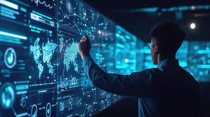 Businessman working with virtual panel and infographs at background. Mixed media