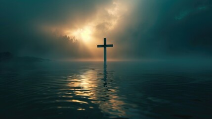 Jesus Christs reflection on water with the cross emerging from the light, serene and powerful - obrazy, fototapety, plakaty