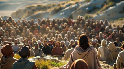 The Sermon on the Mount, Jesus teaching, a multitude captivated by His words - obrazy, fototapety, plakaty