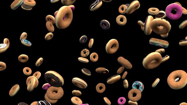 Falling donuts – 3d render, 60fps, looped with alpha channel.